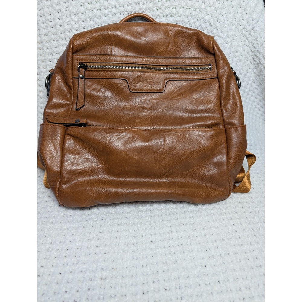 Cognac Brown Pebbled Vegan Leather Backpack Multi Zip Travel Bag Everyday Purse